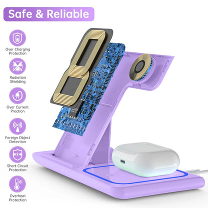 Wireless Charging Station, 3 in 1 Wireless Charger for Iphone 17/16/15/14/13/12/11/Pro/Pro Max/Xs, 18W Charging Dock for Iwatch Series 11 10 9 8 7 6 5 4 3 2, Airpods 4/3/2/Pro(Purple)