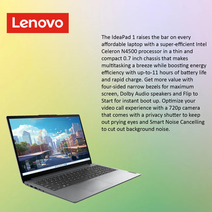 Ideapad 1 Laptop, 15.6" FHD, Intel Processor, 8GB RAM, 128GB SSD + 128GB Emmc, Windows 11 Home, Grey